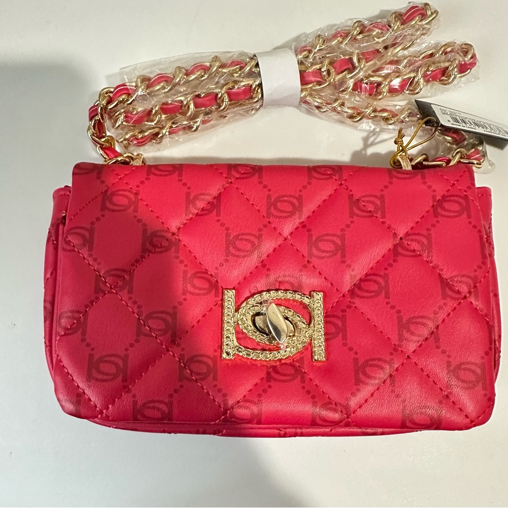 bebe Liv Monogram Crossbody bag in Bright Pink/Dark Pink Logo gold hardware
